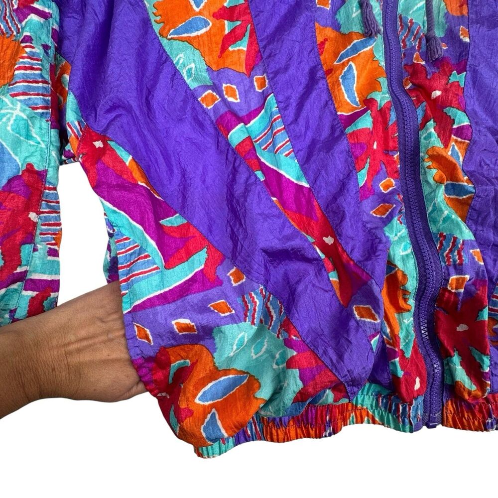 Vintage 80s Womens Track Jacket Medium Purple Colorful Windbreaker Floral Stripe - Picture 5 of 16